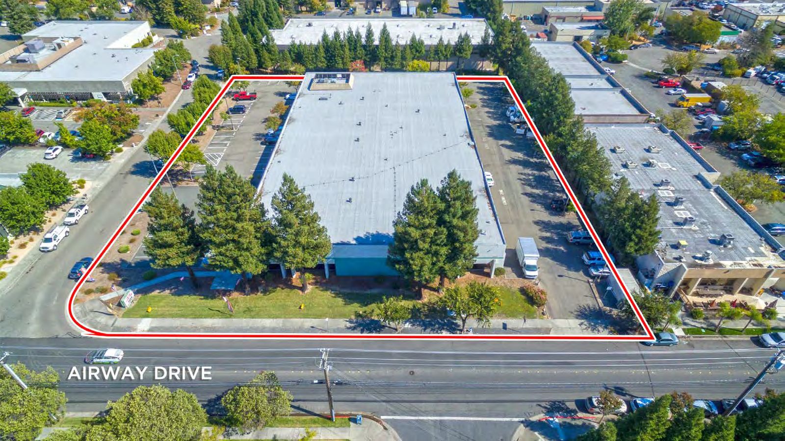 Aerial of 3286 Airway Drive, Santa Rosa, with the 2.02-acre parcel outlined along Airway Drive