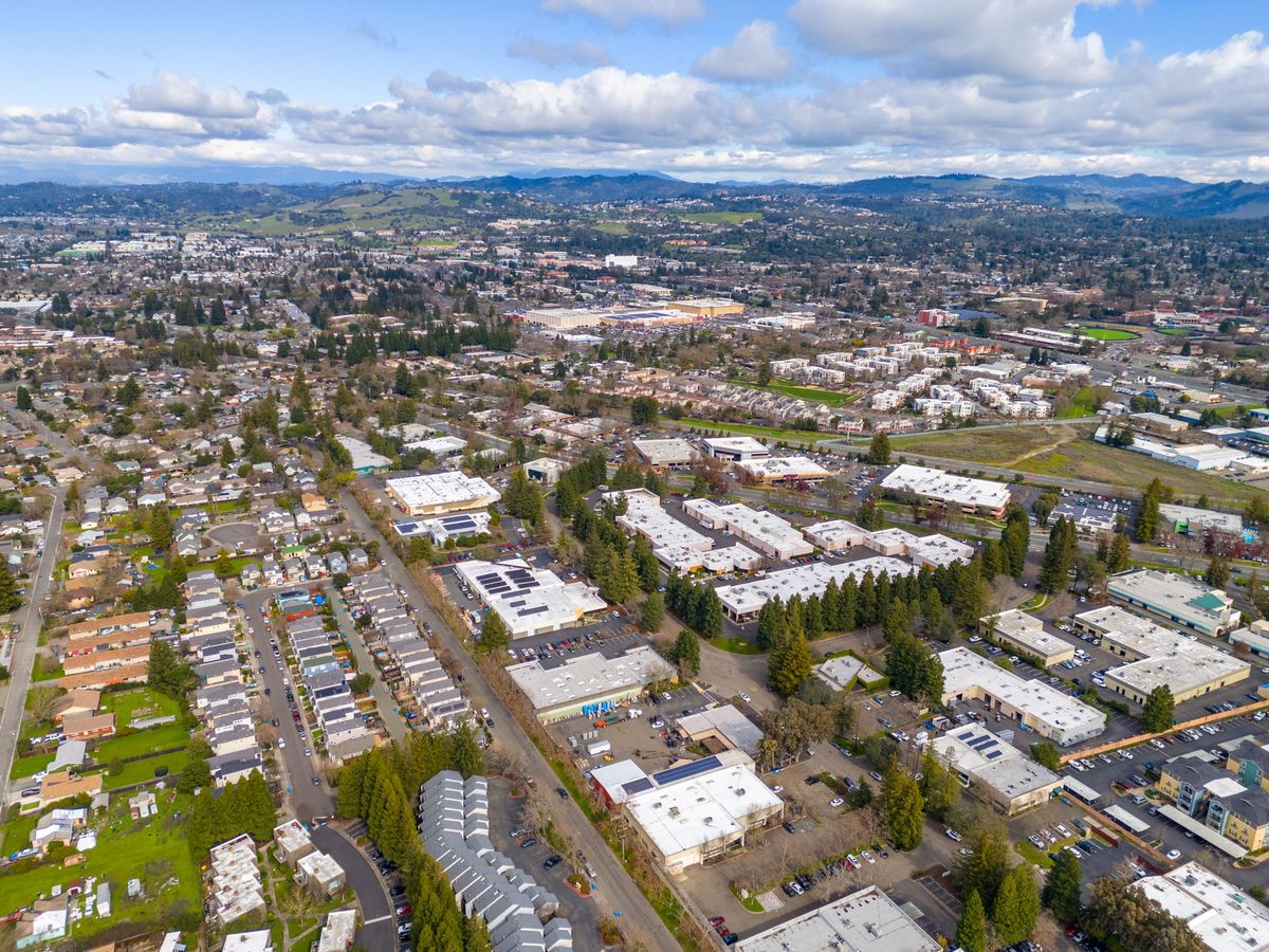 Wide aerial of the Santa Rosa industrial area around Tesconi Circle