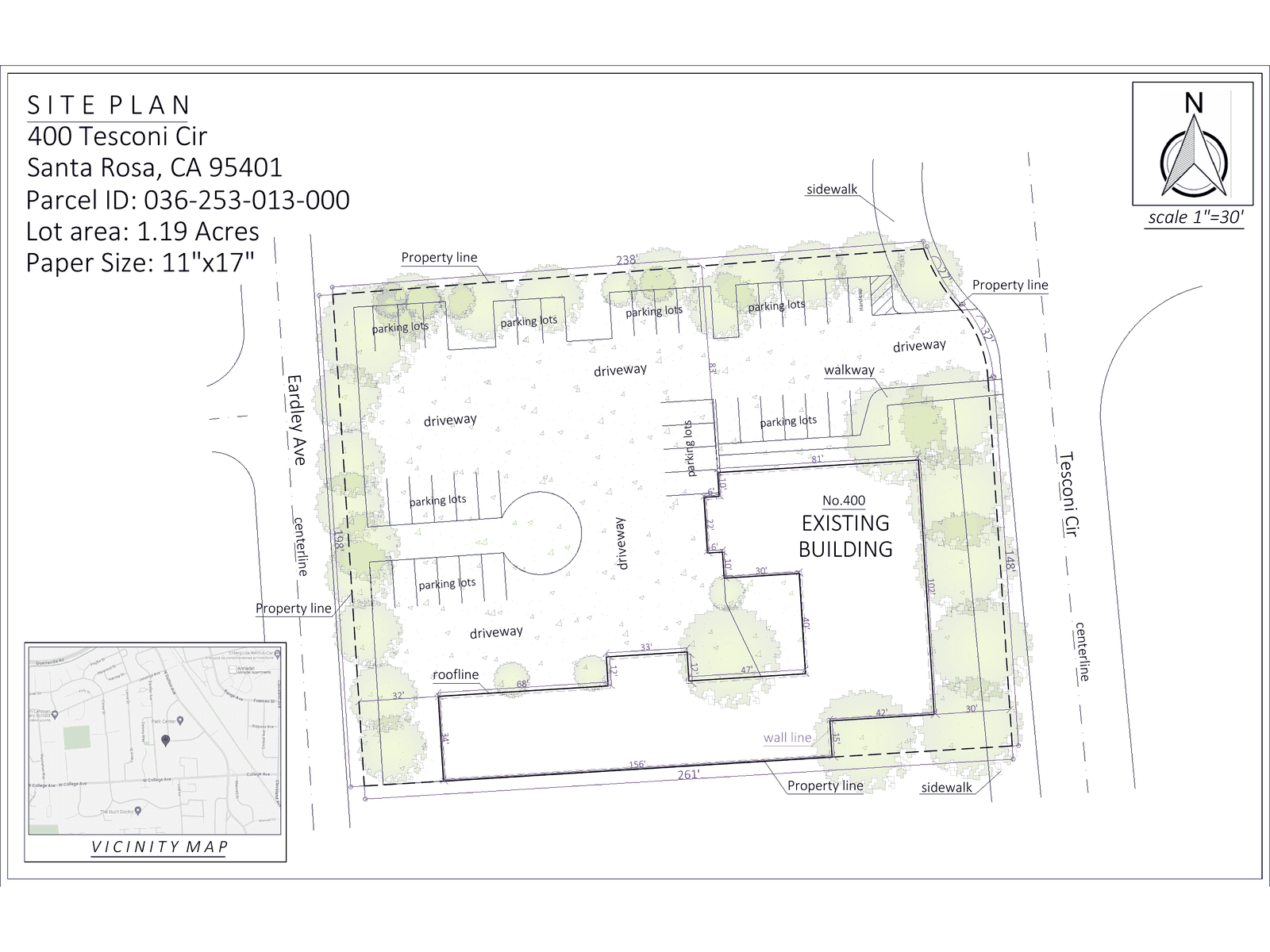 Site plan of 400 Tesconi Circle, 1.19 acres, showing the building, driveways and parking